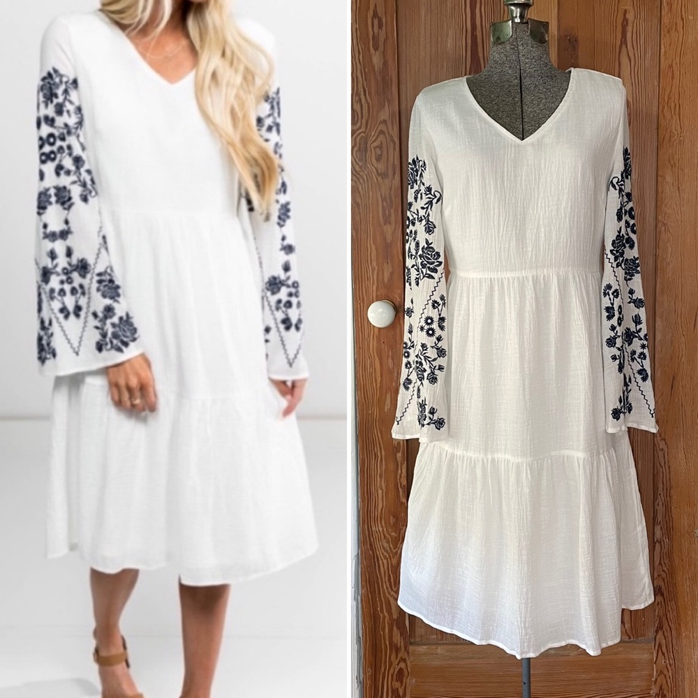 Stevie Hender White Etta Floral Embroidered Gauzy Boho Dress - Size Small